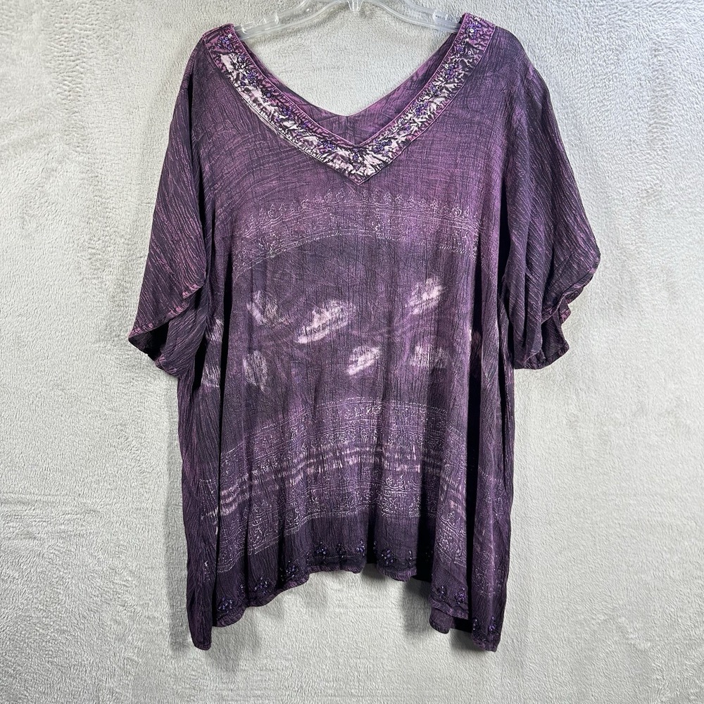 Greater Good Women's 1X Rayon Short Sleeve V-Neck Top Loose Boho Gauzy Purple